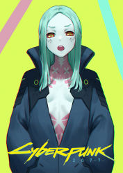Rule 34 | 1girl, artificial eye, black jacket, breasts, chromatic aberration, colored sclera, colored skin, cyberpunk (series), cyberpunk 2077, cyberpunk edgerunners, cyborg, green background, green hair, hands in pockets, highres, jacket, long hair, navel, open mouth, rebecca (cyberpunk), red eyes, red sclera, selcky, small breasts, solo, stomach tattoo, tattoo, teeth, upper body, upper teeth only, white skin