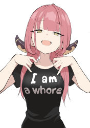 Rule 34 | 1girl, :d, alternate costume, aru (blue archive), black shirt, blue archive, clothes writing, commentary request, english text, fuck-me shirt, highres, horns, long hair, looking at viewer, meme attire, nejiresyake, open mouth, pink hair, print shirt, profanity, shirt, short sleeves, simple background, smile, solo, t-shirt, upper body, white background, yellow eyes