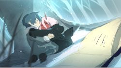 Rule 34 | 10s, 1boy, 1girl, black cloak, black hair, book, boots, cloak, coat, colored skin, commentary, couple, crying, darling in the franxx, closed eyes, fringe trim, fur boots, fur trim, grey coat, hiro (darling in the franxx), hood, hooded cloak, horns, hug, j 315 (jean), long hair, oni horns, open book, parka, pink hair, red horns, red skin, seiza, short hair, sitting, tree, winter clothes, winter coat, aged down, zero two (darling in the franxx)