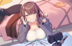 Rule 34 | 1girl, absurdres, asmr, black jacket, blurry, blurry background, blush, breast rest, breasts, brown hair, brush, commentary request, depth of field, grin, headphones, highres, indoors, itohana, jacket, large breasts, long hair, long sleeves, looking at viewer, mimikaki, ned, open clothes, open jacket, original, pink eyes, shirt, sitting, sleeves past wrists, smile, solo, taut clothes, taut shirt, upper body, white shirt