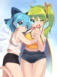 Rule 34 | 2girls, ;d, absurdres, ahoge, alternate costume, black shorts, blue background, blue bow, blue eyes, blue hair, bow, breasts, cirno, cleavage, closed mouth, daiyousei, fairy wings, farrel kb, gradient background, green eyes, green hair, hair between eyes, hair bow, highres, holding person, ice, ice wings, large breasts, leg up, looking at viewer, multiple girls, navel, one eye closed, open mouth, short hair, short shorts, shorts, side ponytail, sleeveless, smile, standing, tank top, thigh gap, touhou, white tank top, wings, yellow tank top