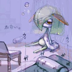 Rule 34 | 1girl, bags under eyes, bottle, bubble, colored skin, computer, creatures (company), curtains, cutting plotter, female focus, flat chest, full body, game freak, gen 3 pokemon, green hair, green skin, hair over one eye, half-closed eyes, indoors, japanese text, kirlia, laptop, lowres, multicolored skin, nintendo, noise, on floor, one eye covered, oyama yoihaya, pokemon, pokemon (creature), red eyes, short hair, sidelocks, sitting, solo, table, tired, translated, two-tone skin, white skin