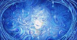 Rule 34 | 1boy, bishounen, blue eyes, blue hair, boli youyu, crying, crying with eyes open, highres, long hair, looking at viewer, male focus, open mouth, rain, smile, solo, tears, the tale of food, upper body, wavy hair, yiranzile863