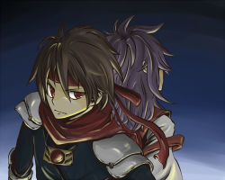 Rule 34 | 1boy, 1girl, arc (arc the lad), arc the lad, armor, back-to-back, brown hair, closed mouth, expressionless, gradient background, headband, kukuru (arc the lad), long hair, long sleeves, looking at viewer, pauldrons, purple hair, red eyes, red scarf, scarf, short hair, shoulder armor, upper body