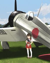 Rule 34 | 1girl, a5m, aged down, aircraft, airplane, akagi (kancolle), annin musou, bad id, bad twitter id, bandaid, bandaid on face, black hair, blue sky, cloud, commentary request, day, full body, geta, grass, hakama, hakama short skirt, hakama skirt, hands in pockets, highres, japanese clothes, kantai collection, long hair, muneate, open mouth, outdoors, red hakama, round teeth, sandals, skirt, sky, smile, solo, standing, straight hair, tasuki, teeth, thighhighs, upper teeth only, vehicle focus, white thighhighs
