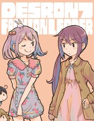 Rule 34 | 10s, 4girls, ahoge, akebono (kancolle), animal, animal on head, apron, black hair, rabbit, casual, cherry print, commentary request, contemporary, crown, dress, english text, food print, hair bobbles, hair ornament, hand on own hip, jewelry, kantai collection, light brown hair, long coat, long hair, long sleeves, mini crown, multiple girls, necklace, oboro (kancolle), on head, one eye closed, orange background, pink hair, purple hair, saiguchi otoufu, sazanami (kancolle), short hair, short sleeves, side ponytail, smile, twintails, ushio (kancolle)
