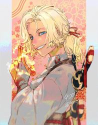 Rule 34 | 1girl, 91007, alternate costume, blonde hair, blue eyes, catherine (fire emblem), chinese clothes, fingers together, fire, fire emblem, fire emblem: three houses, floral background, grin, highres, japanese clothes, kimono, magic, nintendo, ponytail, sheath, sheathed, simple background, smile, solo, sword, weapon, white background