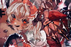 Rule 34 | 1girl, 2022, artist request, blonde hair, crystal, fang, flandre scarlet, happy new year, new year, one side up, puffy short sleeves, puffy sleeves, red eyes, red skirt, red vest, shirt, short hair, short sleeves, skirt, solo, touhou, vest, white shirt, wings
