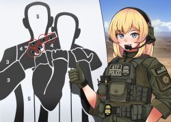 Rule 34 | 1girl, :d, american flag, atf, badge, blonde hair, blue eyes, bullet hole, commentary, cross, ear protection, english commentary, gloves, green gloves, green shirt, jizi, load bearing vest, long hair, looking at viewer, open mouth, original, outdoors, patch, police, police badge, police uniform, policewoman, red circle, red cross, shirt, shooting range, shoulder patch, sleeves rolled up, smile, solo, teeth, thumbs up, uniform, united states, upper teeth only, vest, whiskey (jizi)