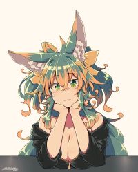 Rule 34 | 1girl, :3, animal ear fluff, animal ears, bare shoulders, beige background, bow, breasts, cleavage, closed mouth, collarbone, dated, green eyes, green hair, hair between eyes, hair bow, hands on own cheeks, hands on own face, kuromiya, kuromiya raika, large breasts, long hair, looking at viewer, multicolored hair, orange bow, orange hair, original, simple background, smile, solo, two-tone hair, upper body