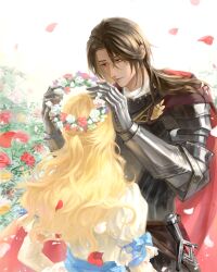 Rule 34 | 1boy, 1girl, absurdres, armor, azik eggers, black hair, blonde hair, blue ribbon, brown eyes, cape, chinese commentary, commentary request, dark skin, dress, elbow gloves, falling petals, flower, gloves, head wreath, highres, jiuying535, long hair, looking at another, lord of the mysteries, outdoors, petals, red cape, ribbon, sheath, smile, sword, weapon, white dress, white gloves, wind