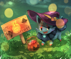 Rule 34 | animal focus, artist name, basket, black eyes, blurry, bokeh, candy, clothed pokemon, creatures (company), depth of field, english text, fangs, food, full body, game freak, gen 5 pokemon, gen 6 pokemon, grass, halloween, halloween bucket, happy, hat, jewelry, jpeg artifacts, ka ei volltis, looking to the side, necklace, nintendo, no humans, open mouth, outdoors, phantump, pokemon, pokemon (creature), pumpkaboo, purple hat, signature, skull necklace, smile, solo, standing, trick or treat, twitter username, witch hat, zorua