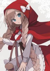Rule 34 | 1girl, :o, ahute, antenna hair, basket, blue eyes, blush, bow, braid, brown hair, capelet, center frills, cosplay, dress, frills, highres, holding, holding basket, hood, little red riding hood, little red riding hood (grimm), little red riding hood (grimm) (cosplay), long hair, long sleeves, looking to the side, original, pinafore dress, sleeveless, sleeveless dress, solo, twin braids, underbust, very long hair