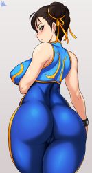 Rule 34 | 1girl, absurdres, ass, bodysuit, breasts, brown hair, cameltoe, capcom, chun-li, cleft of venus, from behind, grey background, hair bun, highres, huge ass, jmg, large breasts, simple background, single hair bun, skin tight, solo, street fighter, street fighter zero (series)