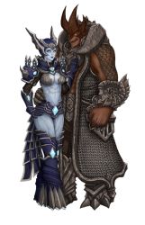 Rule 34 | 1boy, 1girl, abs, aman (tera), arm around waist, arm guards, armor, belt, blue skin, breasts, claws, cleavage, colored skin, couple, gloves, glowing, glowing eyes, hand on another&#039;s chest, hand on own hip, high collar, horns, jacket, long sleeves, midriff, muscular, nipuni, no pupils, open clothes, open jacket, parted lips, scale armor, shoulder pads, solid eyes, spikes, tera online, transparent background, yellow eyes