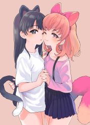 Rule 34 | 2girls, amezawa koma, animal ears, black eyes, black hair, blue skirt, blush, bottomless, breast press, breasts, cat ears, cat tail, comitia, commentary request, cowboy shot, fake animal ears, holding hands, hand on another&#039;s shoulder, highres, interlocked fingers, long hair, long sleeves, looking at viewer, multiple girls, one eye closed, original, parted lips, pink background, pink eyes, pink hair, pleated skirt, simple background, skirt, small breasts, smile, suspenders, symmetrical docking, tail, tail grab