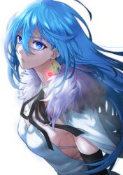 Rule 34 | 1girl, ahoge, bad link, black ribbon, blue eyes, blue hair, breasts, capelet, cleavage, cover, cover page, dress, earrings, elbow gloves, fur trim, glint, gloves, hair between eyes, highres, iro marimo, jewelry, large breasts, long hair, looking at viewer, manga cover, neck ribbon, official art, parted lips, ribbon, sideboob, simple background, single earring, solo, upper body, very long hair, vivy, vivy: fluorite eye&#039;s song, white background, white dress