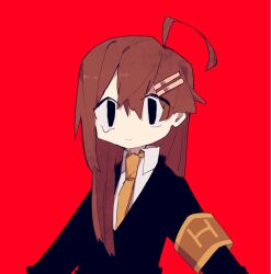 Rule 34 | 1girl, ahoge, armband, black eyes, black jacket, brown armband, brown hair, closed mouth, collared shirt, commentary request, flat chest, hair between eyes, hair ornament, hairclip, highres, hod (project moon), jacket, lobotomy corporation, long hair, long sleeves, necktie, no nose, orange necktie, project moon, red background, shirt, simple background, single tear, so happy 64, solo, upper body, white shirt