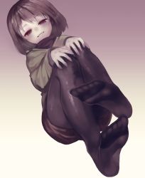 Rule 34 | androgynous, bad id, bad pixiv id, black pantyhose, blush, brown hair, brown shorts, chara (undertale), dutch angle, feet, foot focus, foreshortening, from below, gender request, gradient background, grin, half-closed eyes, hands on own knees, invisible chair, long sleeves, looking at viewer, looking down, no shoes, oshiruko (tsume), pale skin, pantyhose, pantyhose under shorts, parted lips, red eyes, shiny clothes, short hair, shorts, sitting, smile, soles, solo, toes, undertale