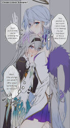 Rule 34 | 2girls, black capelet, blue hair, blush, capelet, covering own mouth, dress, firefly (honkai: star rail), green eyes, grey hair, head on chest, head wings, highres, honkai: star rail, honkai (series), in locker, multiple girls, purple eyes, purple skirt, robin (honkai: star rail), sieka (piiroinardesco), skirt, white dress, wings, yuri