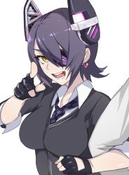 Rule 34 | 10s, bad id, bad pixiv id, earrings, eyepatch, fingerless gloves, gloves, headgear, highres, jewelry, kantai collection, locked arms, looking at viewer, necktie, open mouth, personification, pointing, pointing at viewer, purple hair, short hair, solo, tenryuu (kancolle), yellow eyes, yusukesan