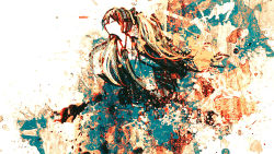 Rule 34 | 1girl, abstract, abstract background, alternate hair color, bad id, bad pixiv id, closed eyes, collared shirt, hatsune miku, headphones, jacket, long hair, long sleeves, meola, miniskirt, necktie, open clothes, open jacket, orange hair, paint splatter, pleated skirt, shirt, skirt, solo, twintails, upper body, very long hair, vocaloid, wing collar