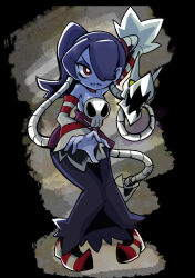 Rule 34 | 1girl, black background, blue hair, blue skin, bright pupils, colored skin, detached collar, detached sleeves, dress, facing viewer, frown, full body, highres, imeni-art, leviathan (skullgirls), long sleeves, open mouth, outstretched hand, red eyes, side ponytail, skullgirls, socks, solo, squigly (skullgirls), standing, stitched mouth, stitches, striped clothes, striped sleeves, striped socks, white pupils, zombie