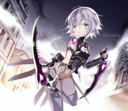 Rule 34 | 1girl, bandaged arm, bandages, black gloves, black panties, black thighhighs, building, closed mouth, cowboy shot, dagger, dual wielding, expressionless, fate/apocrypha, fate/grand order, fate (series), fingerless gloves, gloves, green eyes, halterneck, holding, holding dagger, holding knife, holding weapon, jack the ripper (fate/apocrypha), knife, koshika rina, looking at viewer, navel, outdoors, panties, reverse grip, scar, scar on face, shirt, short hair, shoulder tattoo, single glove, sleeveless, sleeveless shirt, solo, standing, standing on one leg, tattoo, thighhighs, twitter username, underwear, weapon, white hair