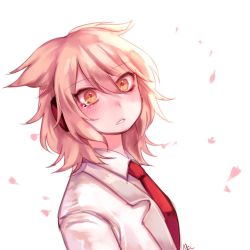 Rule 34 | 1girl, alternate costume, bad id, bad twitter id, blonde hair, blush, coat, commentary, earmuffs, formal, hair between eyes, looking at viewer, necktie, parted lips, petals, pointy hair, red necktie, shan, shirt, short hair, simple background, solo, tears, touhou, toyosatomimi no miko, upper body, white background, white coat, white shirt, wing collar, yellow eyes