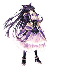 Rule 34 | 10s, 1girl, armor, armored dress, choker, date a live, dress, full body, gloves, hand on own hip, highres, long hair, looking at viewer, pauldrons, ponytail, purple eyes, purple hair, shoulder armor, simple background, smile, solo, standing, tsunako, v, very long hair, white background, yatogami tooka