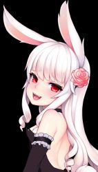 Rule 34 | 1girl, animal ears, bad id, bad twitter id, bare shoulders, black background, breasts, dress, elbow gloves, elin, flower, from behind, gloves, grimgrim, hair flower, hair ornament, highres, long hair, looking back, open mouth, rabbit ears, red eyes, silver hair, small breasts, smile, solo, strapless, strapless dress, tail, tera online, upper body
