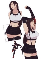 Rule 34 | 1girl, abs, arms behind back, bike shorts, black hair, black skirt, black thighhighs, final fantasy, final fantasy vii, final fantasy vii remake, hanpetos, long hair, low-tied long hair, midriff, multiple views, navel, parted lips, pleated skirt, red footwear, shorts, shorts under skirt, simple background, skirt, smile, stretching, suspenders, thighhighs, tifa lockhart, toned, white background