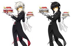 Rule 34 | 2girls, alternate hair color, april fools, black hair, black pants, black suit, butler, cake, cowboy shot, dual persona, elsword, eve (elsword), expressionless, female butler, food, forehead jewel, formal, fruit, gloves, highres, holding, long hair, looking at viewer, multiple girls, official art, pants, plate, ponytail, ress, reverse trap, strawberry, striped, suit, towel, transparent background, vertical stripes, white gloves, white hair, yellow eyes