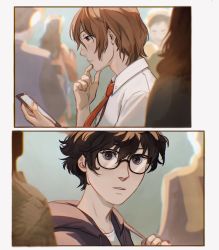 Rule 34 | 2boys, akechi gorou, amamiya ren, atlus, black eyes, black hair, black hoodie, blurry, blurry background, brown eyes, brown hair, cellphone, collared shirt, fingernails, glasses, hair between eyes, hand on own face, highres, holding, holding phone, hood, hood down, hoodie, looking at another, male focus, multiple boys, necktie, pale skin, parted lips, persona, persona 5, phone, profile, red neckwear, shirt, short hair, smartphone, teeth, thinking, viria13, white background, white shirt, yaoi