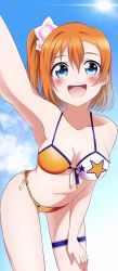 1girl artist_name artist_request bare_legs bare_shoulders beach bikini blue_eyes blue_sky blush breasts cloud cross-laced_footwear female_focus flower hair_between_eyes hair_flower hair_ornament highres kosaka_honoka leaning_forward leg_belt looking_at_viewer love_live! love_live!_school_idol_project medium_breasts multicolored_bikini multicolored_clothes orange_hair outdoors parted_lips pink_flower sandals side_ponytail sky smile solo star_(symbol) star_print sun swimsuit zero_0w0