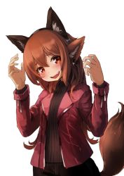 Rule 34 | 159cm, 1girl, :d, animal ears, black pants, blush, brown hair, brown sweater, earrings, extra ears, fake animal ears, fangs, hands up, head tilt, jacket, jewelry, looking at viewer, open clothes, open jacket, open mouth, original, pants, red eyes, red jacket, ribbed sweater, simple background, smile, solo, standing, sweater, tail, white background, wine-chan (159cm)
