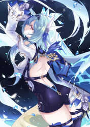 Rule 34 | 1girl, ass, back, backless outfit, black gloves, black hairband, black leotard, black thighhighs, blue cape, blue hair, blush, breasts, cape, crystal sword, eula (genshin impact), gauntlets, genshin impact, gloves, hair ornament, hairband, highres, ice, large breasts, leotard, long sleeves, looking at viewer, looking back, medium hair, purple eyes, sidelocks, solo, sword, thighhighs, thighs, vardan, weapon