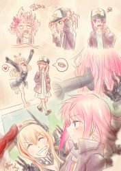 Rule 34 | 2girls, absurdres, arms up, baseball cap, blonde hair, blue eyes, brushing teeth, collar, commentary, double v, dress, drying, drying hair, fang, girls&#039; frontline, hair between eyes, hair dryer, hands in pockets, hat, headgear, heart, highres, holding, holding toothbrush, huge filesize, jacket, line3reak, long sleeves, looking at viewer, m4 sopmod ii (girls&#039; frontline), messy hair, multicolored hair, multiple girls, open mouth, panties, pink hair, ponytail, red hair, ribbon panties, sandals, smile, speech bubble, spiked collar, spikes, spoken heart, st ar-15 (girls&#039; frontline), star (symbol), streaked hair, teeth, toothbrush, toothbrush in mouth, underwear, v, white panties, zzz
