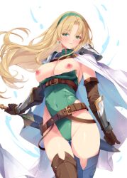 Rule 34 | 1girl, arm guards, armor, belt, blonde hair, blush, boots, breasts, brown belt, brown footwear, brown gloves, cape, commentary request, covered navel, cowboy shot, earrings, elbow gloves, gloves, gluteal fold, green eyes, green hairband, green leotard, hairband, half-closed eyes, highleg, highleg leotard, jewelry, kirishima satoshi, large breasts, legs together, leotard, long hair, looking at viewer, nipples, original, paid reward available, parted lips, pauldrons, sheath, sheathed, shoulder armor, solo, standing, sword, teeth, thigh boots, thumbs up, torn clothes, torn leotard, underbust, very long hair, weapon, white cape