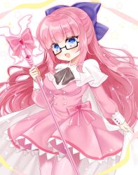 Rule 34 | 1girl, :d, black-framed eyewear, blue eyes, bow, breasts, capelet, commission, dress, glasses, hair bow, highres, holding, holding staff, large breasts, long hair, long sleeves, open mouth, original, pantyhose, pink bow, pink dress, pink hair, pink pantyhose, pleated dress, puffy long sleeves, puffy sleeves, purple bow, semi-rimless eyewear, shikito (yawa0w0), skeb commission, smile, solo, staff, under-rim eyewear, very long hair, white capelet