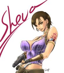 Rule 34 | 1girl, breasts, brown eyes, brown hair, earrings, covered erect nipples, gun, headset, huge breasts, jewelry, large breasts, midriff, necklace, ponytail, resident evil, resident evil 5, sennoyume, sheva alomar, solo, tank top, tattoo, weapon