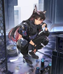 Rule 34 | 1girl, absurdres, ambience synesthesia, animal ears, ankle boots, arknights, black footwear, black gloves, black hair, black jacket, black shirt, boots, breasts, building, chain-link fence, city, closed mouth, colored inner hair, crop top, cropped jacket, day, fence, gloves, highres, jacket, large breasts, long sleeves, looking at viewer, midriff, multicolored hair, official alternate costume, open clothes, open jacket, outdoors, partially fingerless gloves, red eyes, red hair, rooftop, shirt, solo, squatting, tail, texas (arknights), two side up, wolf ears, wolf girl, wolf tail, ziyiganmu