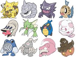 Rule 34 | animal focus, claws, closed mouth, colored skin, commentary request, creatures (company), detached arm, dusclops, facial mark, fangs, feebas, fish, forehead mark, game freak, gara (qbeuxvii22), gen 1 pokemon, gen 3 pokemon, gen 5 pokemon, gen 6 pokemon, ghost, haunter, highres, holding, holding spoon, kadabra, karrablast, nintendo, no humans, one-eyed, onix, open mouth, pink skin, pokemon, pokemon (creature), poliwhirl, pumpkaboo, purple skin, red eyes, scyther, shelmet, simple background, skin fangs, slowpoke, spoon, star (symbol), swirlix, tail, white background, yellow eyes