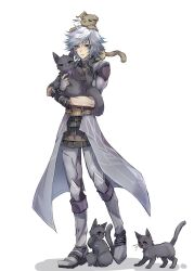 Rule 34 | 1boy, 7wn9b, animal, animal on head, blue eyes, boots, carrying, cat, closed mouth, coat, fingerless gloves, full body, glasses, gloves, grey coat, grey footwear, grey gloves, grey hair, grey pants, highres, jin (xenoblade), long hair, male focus, on head, pants, shadow, simple background, solo, spiked hair, standing, white background, xenoblade chronicles (series), xenoblade chronicles 2, xenoblade chronicles 2: torna - the golden country