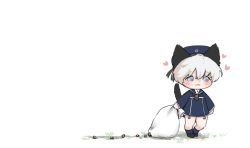 Rule 34 | 1girl, :3, animal ears, bad id, bad twitter id, black neckerchief, blue dress, blue eyes, blue hat, blue sailor collar, cat ears, cat tail, chibi, dress, full body, hat, kantai collection, karin bluez3, neckerchief, negative space, sack, sailor collar, sailor dress, sailor hat, seed, short hair, silver hair, simple background, solo, tail, white background, z1 leberecht maass (kancolle)
