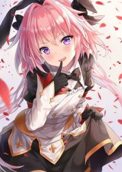 Rule 34 | 1boy, astolfo (fate), astolfo (saber) (fate), astolfo (saber) (third ascension) (fate), black bow, black bowtie, black dress, black gloves, black ribbon, blush, bow, bowtie, buttons, dress, fang, fate/grand order, fate (series), gloves, hair between eyes, hair bow, hair intakes, hair ribbon, highres, hitsukuya, index finger raised, juliet sleeves, layered skirt, long hair, long sleeves, looking at viewer, low twintails, male focus, multicolored hair, open mouth, petals, pink hair, puffy sleeves, purple eyes, ribbon, skirt, smile, solo, streaked hair, trap, twintails, white hair, white skirt, wide sleeves, wing collar