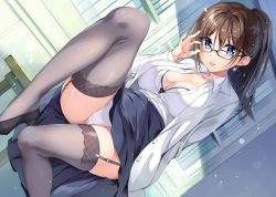 Rule 34 | 1girl, :d, adjusting eyewear, black footwear, blue eyes, blue skirt, boku no kanojo sensei, bra, breasts, brown hair, buttons, cameltoe, cleavage, coat, crotch seam, desk, dutch angle, fujiki maka, garter straps, glasses, grey thighhighs, hand on eyewear, high heels, knee up, large breasts, long hair, long sleeves, looking at viewer, open clothes, open coat, open mouth, oryo (oryo04), panties, partially unbuttoned, ponytail, shirt, sitting, skirt, smile, solo, thighhighs, underwear, white bra, white coat, white panties, white shirt, wing collar