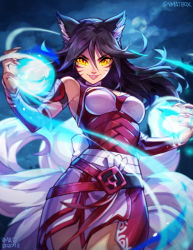 Rule 34 | 1girl, ahri (league of legends), animal ears, bare shoulders, belt, black belt, breasts, commentary, dated, detached sleeves, facial mark, fox ears, fox tail, grin, korean clothes, large breasts, league of legends, long hair, looking at viewer, magic, moon, multiple tails, night, outdoors, red belt, smile, solo, tail, teeth, vastaya, vmat, whisker markings