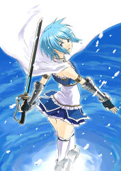 Rule 34 | 10s, 1girl, aqua hair, armor, back, bare shoulders, blue eyes, blue hair, boots, bracelet, cape, female focus, fingerless gloves, from above, from behind, gloves, glowing, jewelry, looking at viewer, looking back, magical girl, mahou shoujo madoka magica, matching hair/eyes, miki sayaka, open mouth, pleated skirt, short hair, skirt, sleeveless, solo, sword, thighhighs, weapon, white thighhighs, wind