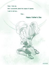 Rule 34 | 1girl, armor, dust (artist), dust (dust4148), father&#039;s day, green theme, league of legends, long hair, monochrome, photo (object), pointy ears, poppy (league of legends), solo, twintails, white hair, yordle